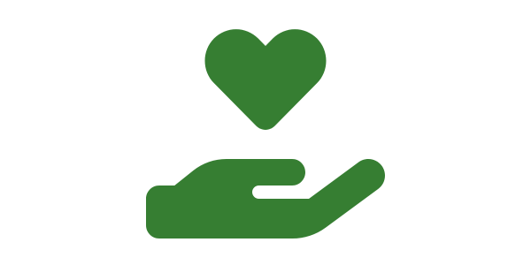 Green icon of open hand under heart