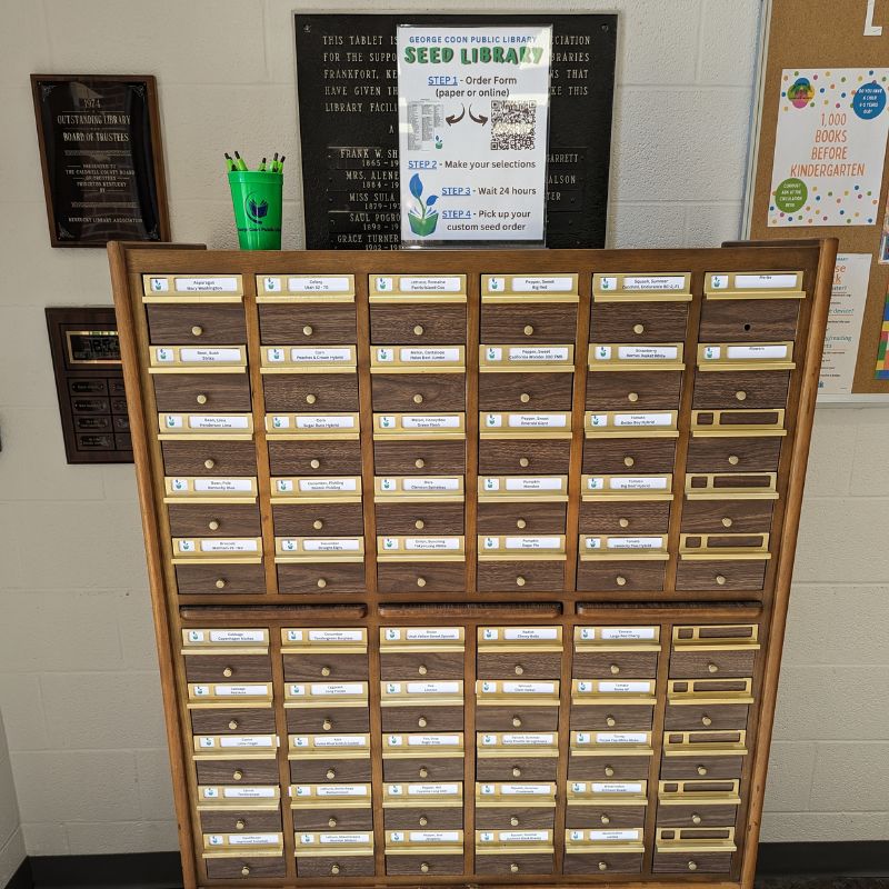 Picture of Seed Library in a repurposed card catalog cabinet