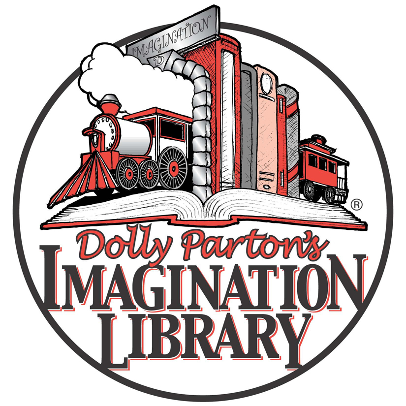 Dolly Parton's Imagination Library logo featuring train emerging from a tunnel of books