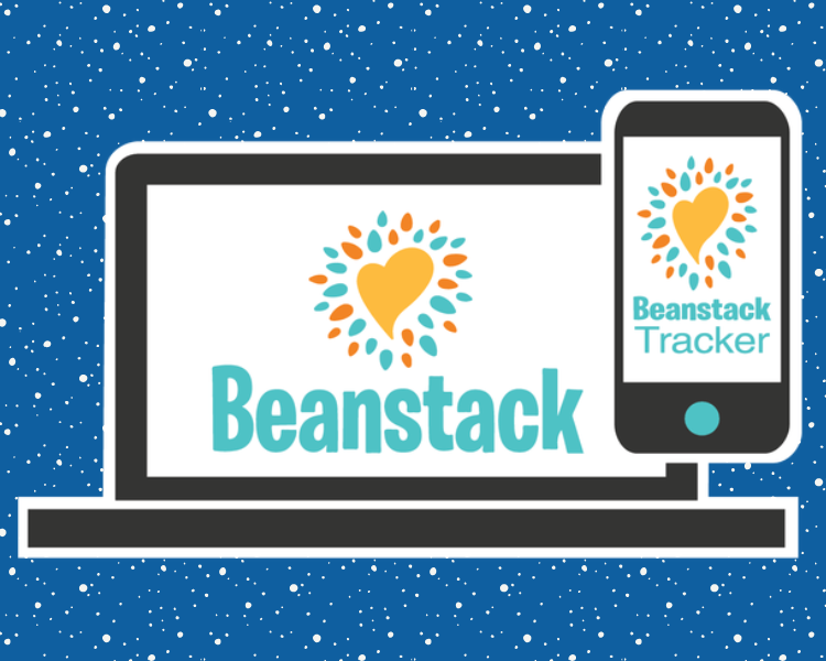 image of blue background covered in snow with a computer screen and cell phone screen both showing the logo of the Beanstack Reading Tracker logo