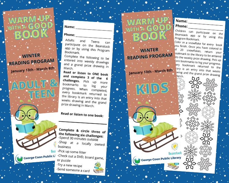 Image of blue background covered with snowflakes with images of the Winter Reading Program Bookmarks.