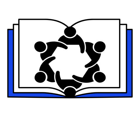 Image of an open book with a group of 6 people in the center of the book.