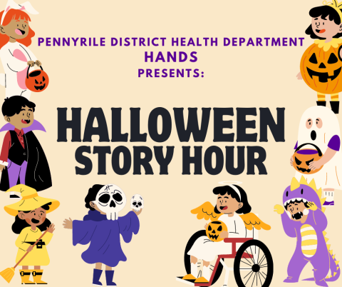 image of many children wearing various Halloween costumes with the centered text of "Pennyrile District Health Department HANDS present Halloween Story Hour"