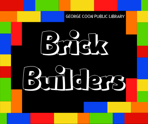 Image framed with blocks of color with the words "Brick Builders" centered on the image.