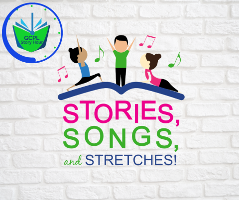 image of three children performing yoga stretches on an open book surrounded by music notes atop the words, "Stories, Songs, and Stretches."