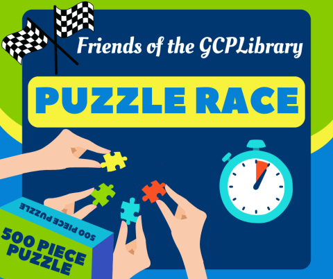 clipart images of hands holding puzzle pieces, race flags, and a stopwatch with the text, Friends of the GCP Library Puzzle Race."