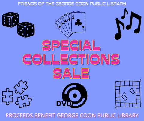 clipart images of various games pieces, cards, puzzles with the text, Special Collections Sale."