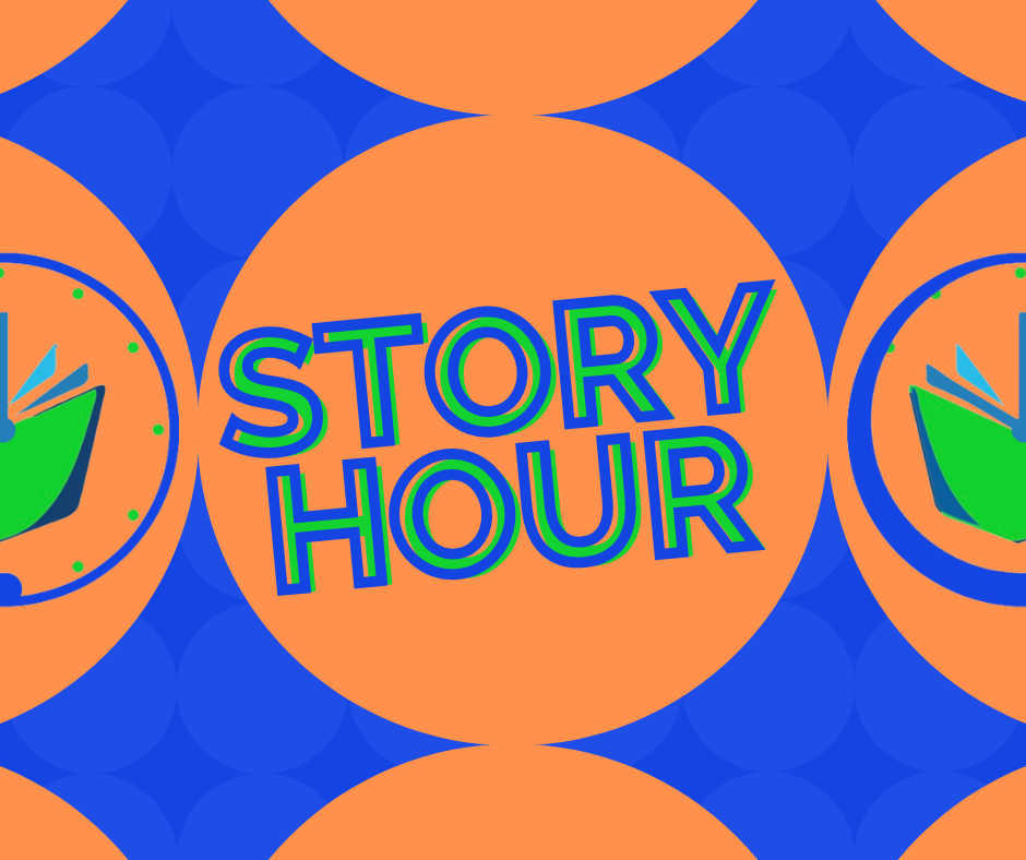 image of blue and orange circles with the words "Story Hour" in the center of the image.