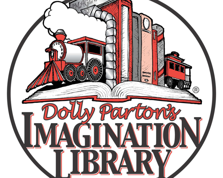 Dolly Parton's Imagination Library logo featuring train emerging from a tunnel of books