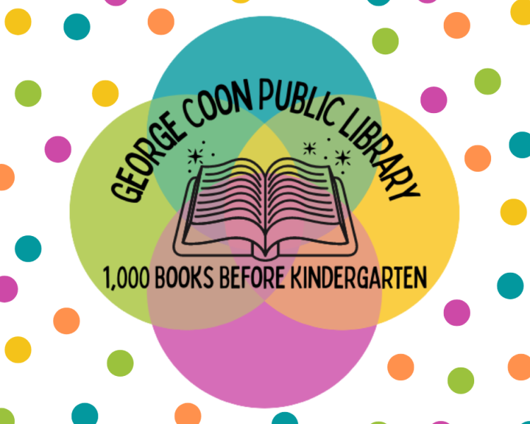 image of many colorful dots with an open book in the middle and the circling text of "1,000 Books Before Kindergarten George Coon Public Library"