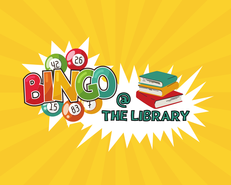 image provides the text, "Bingo at the Library" next to a small stack of books