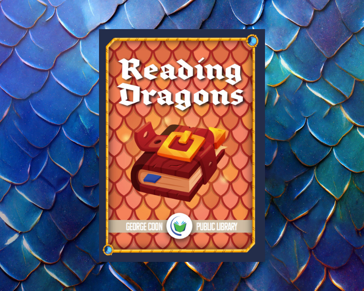 image background is dragon scales of blue and green with the image of a book with the text Reading Dragons layered on top