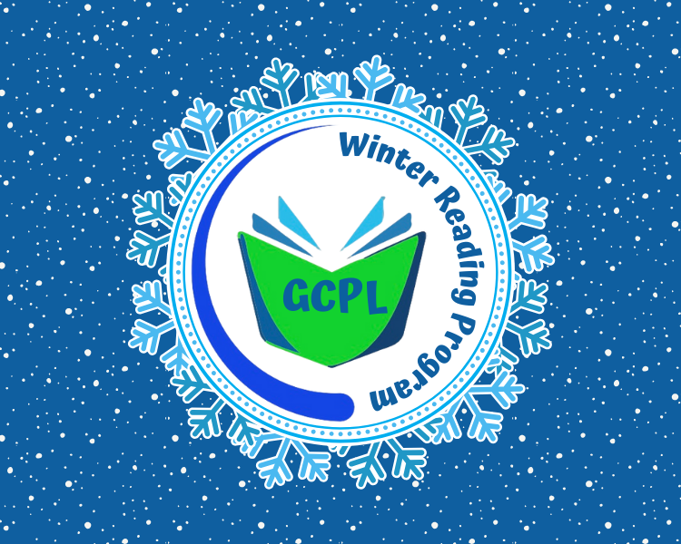 image of blue background with small snowflakes, in the forefront is a large snowflake logo with the words GCPL Winter Reading Program