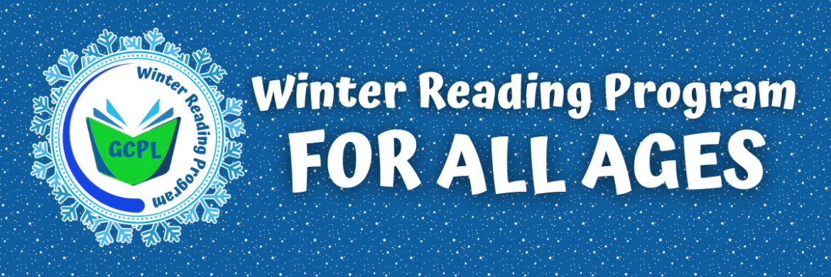 image of blue background covered in snowflakes with the library logo and the text, "Winter Reading Program for ALL AGES."