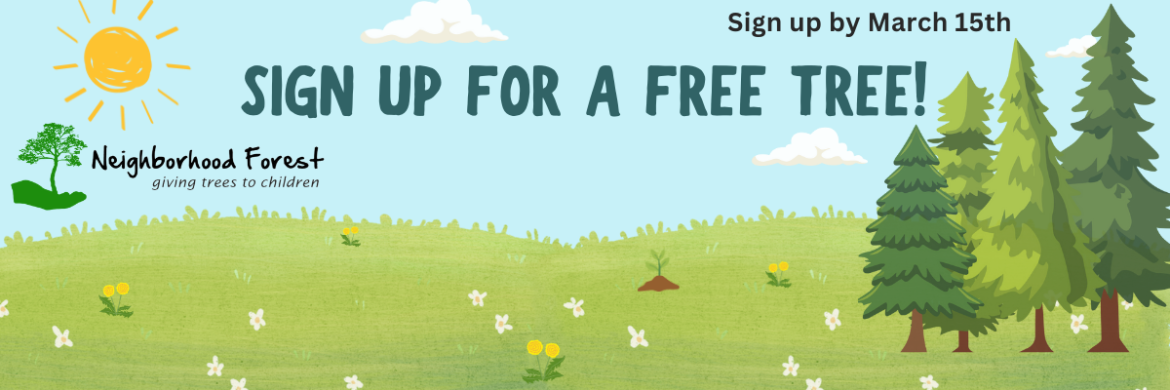 image of a blue sky and open field with trees to the side with the text, "Sign up for a free tree"